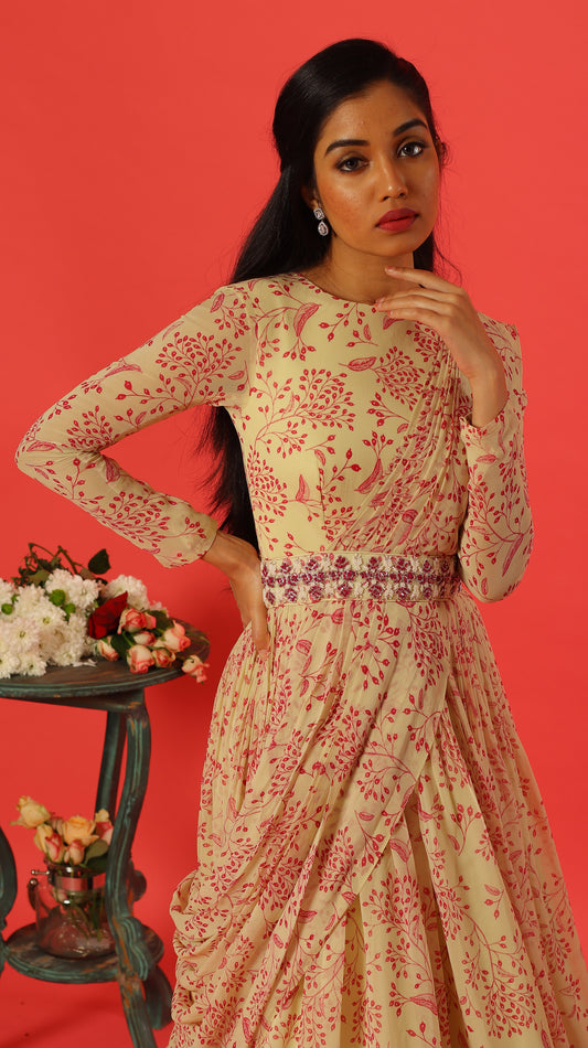 Mint Green Kumri Georgette Drape Floorlength with knot Embroidered Waist belt