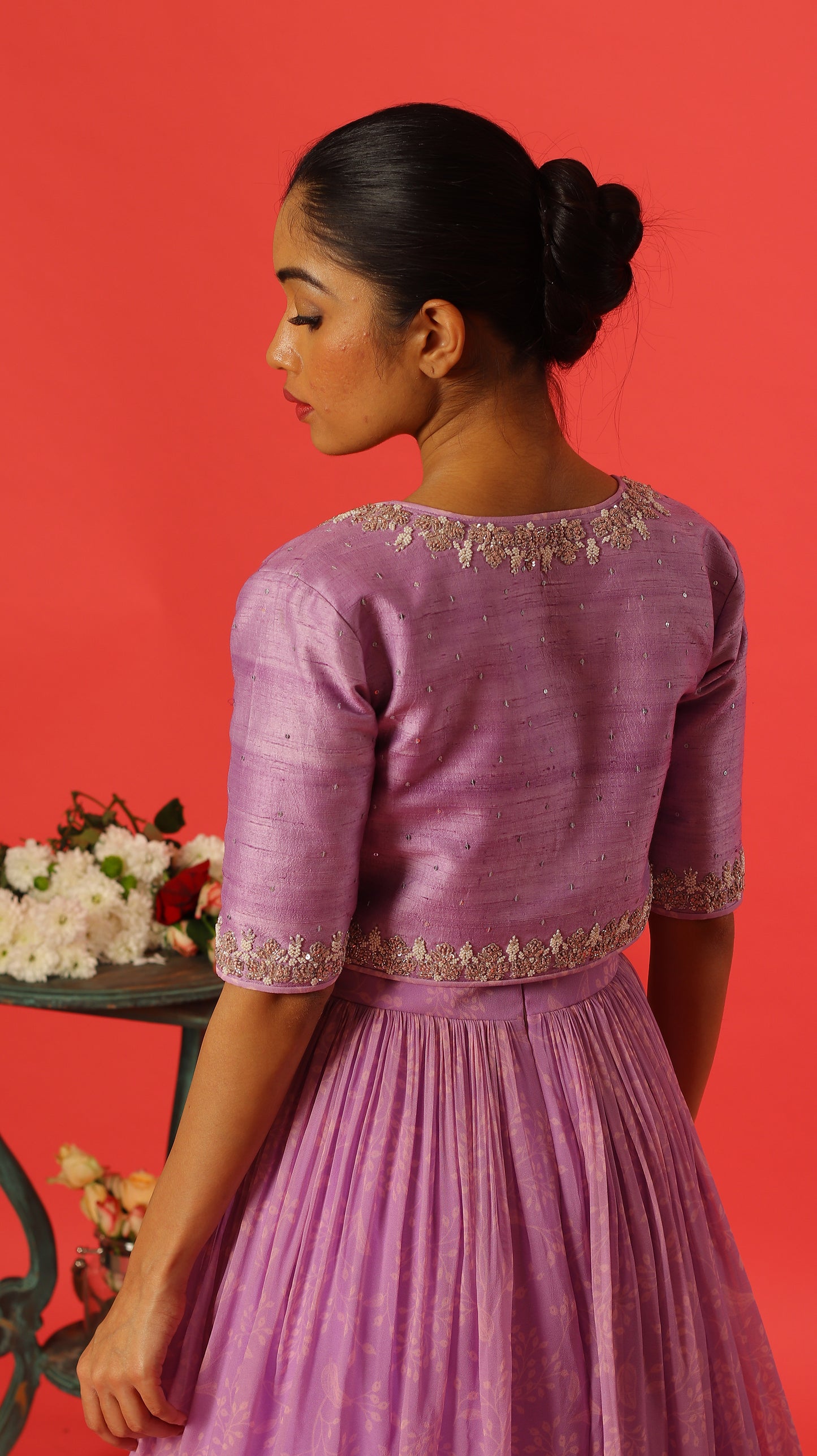 Lavender Kumri Georgette Floorlength with Rawsilk Knot Embroidery Jakcet