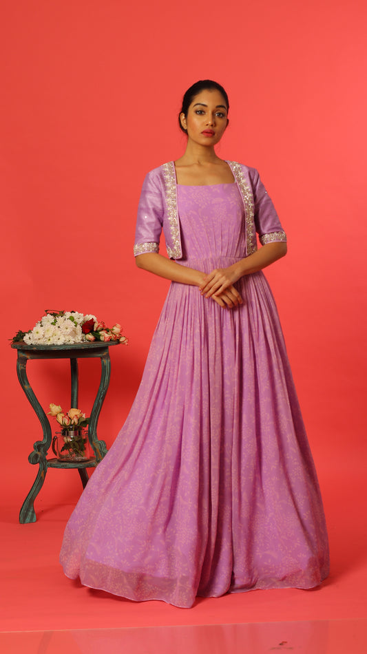 Lavender Kumri Georgette Floorlength with Rawsilk Knot Embroidery Jakcet