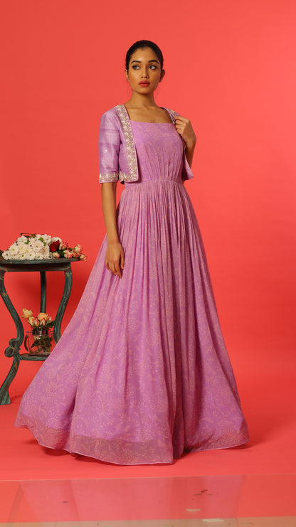 Lavender Kumri Georgette Floorlength with Rawsilk Knot Embroidery Jakcet