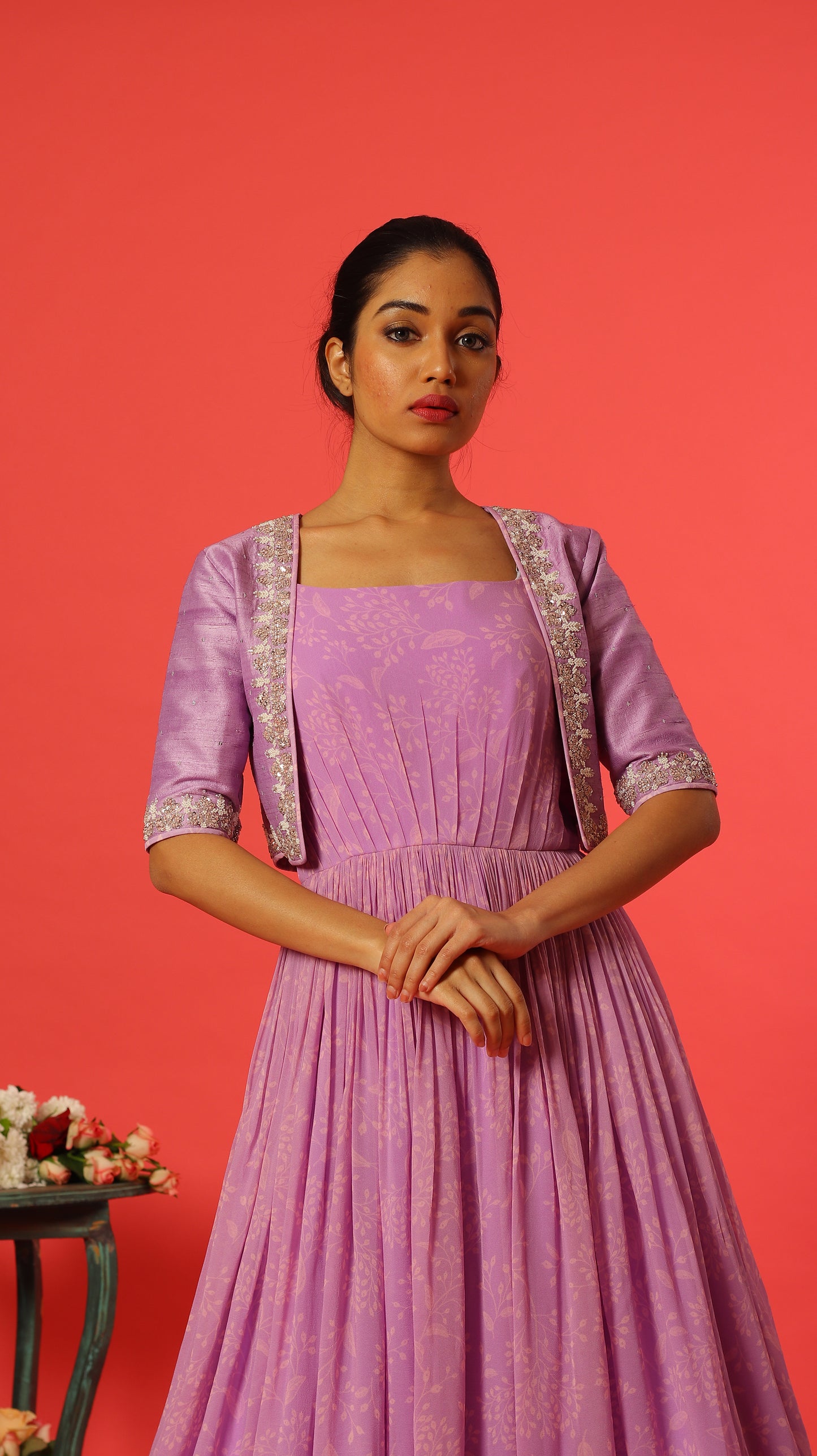 Lavender Kumri Georgette Floorlength with Rawsilk Knot Embroidery Jakcet