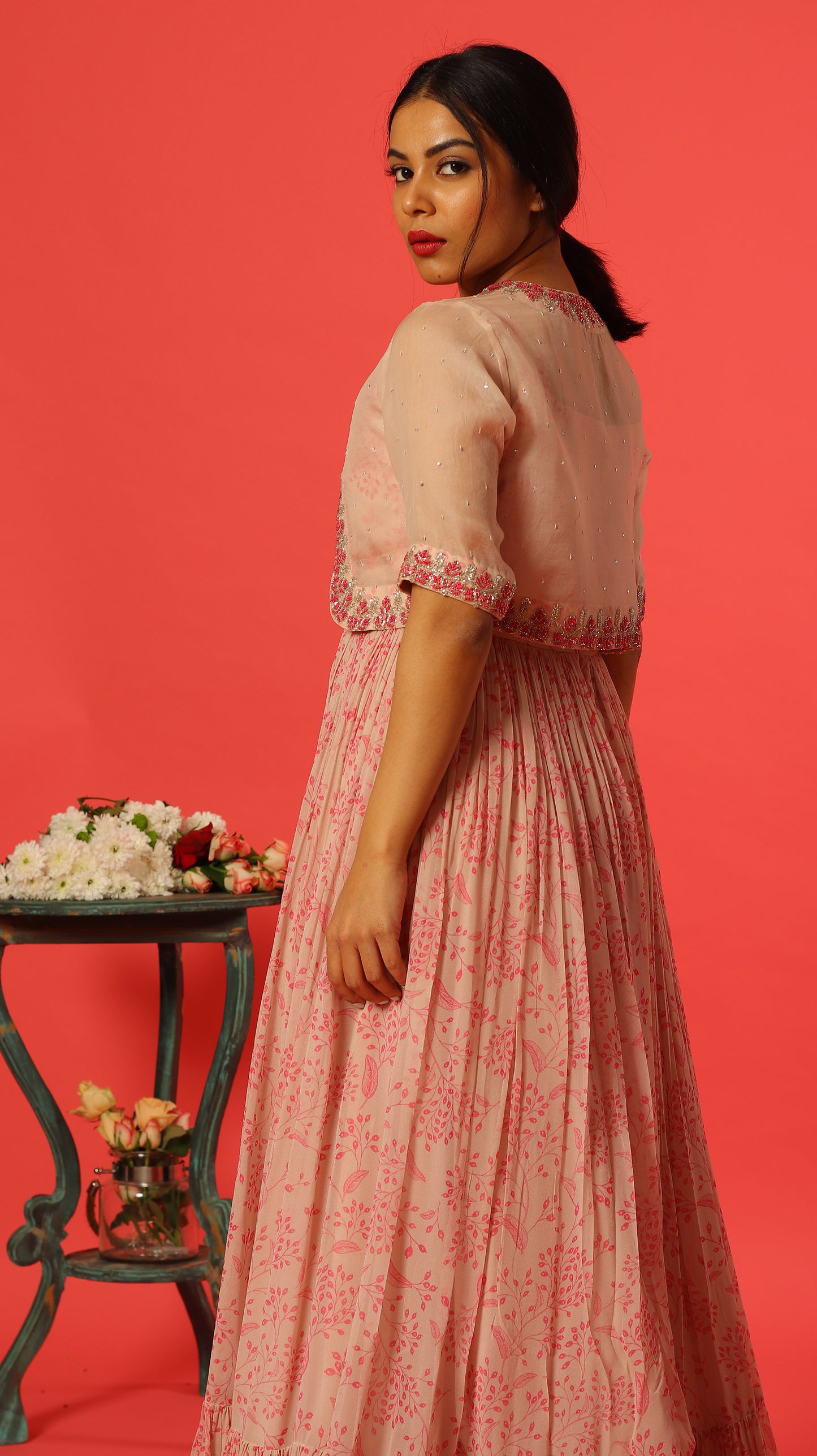 Blush Kumri Flooroength with Knit Embroidery Jacket