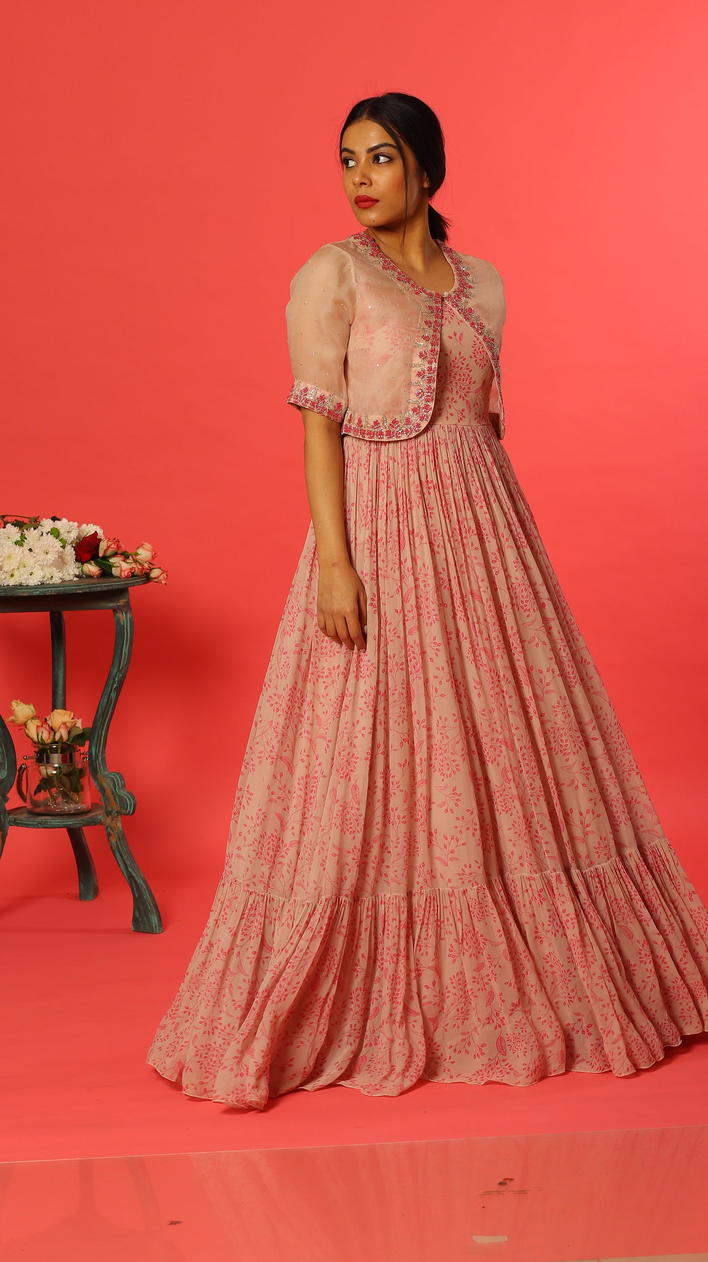 Blush Kumri Flooroength with Knit Embroidery Jacket