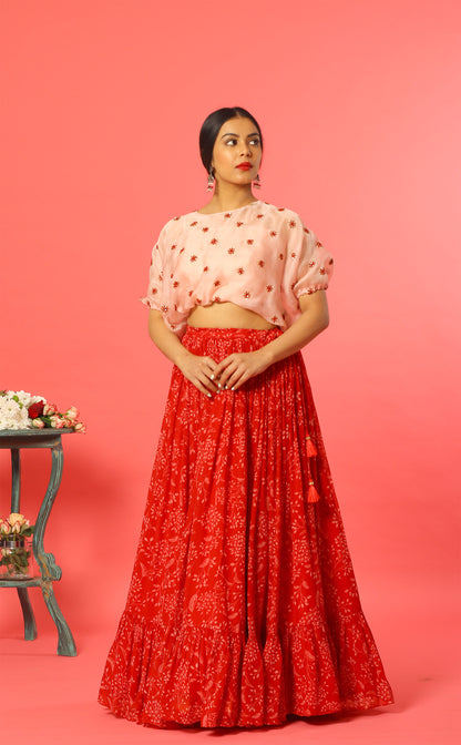 Red Kumri Balloon top Skirt Set