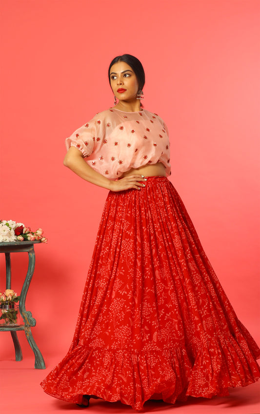 Red Kumri Balloon top Skirt Set