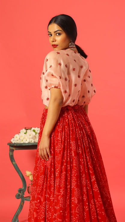 Red Kumri Balloon top Skirt Set