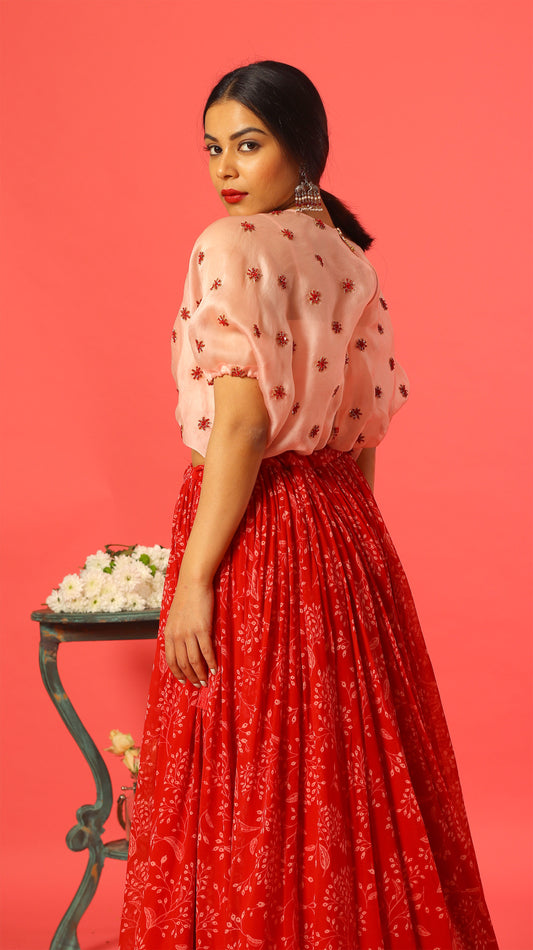 Red Kumri Balloon top Skirt Set