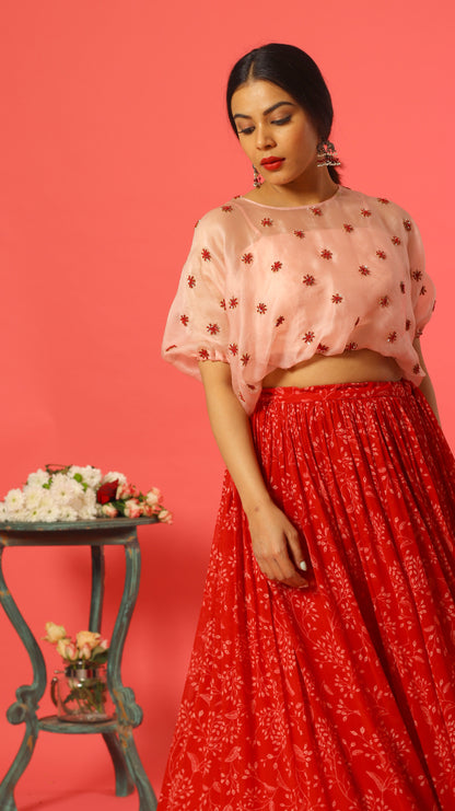 Red Kumri Balloon top Skirt Set
