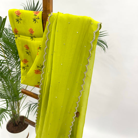 Lime Green Peonia Organza Saree Set