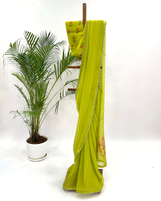 Lime Green Peonia Organza Saree Set