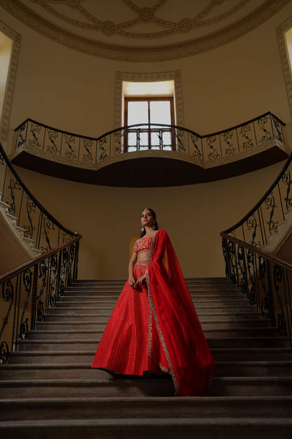 Red zari lines pitta lehenga