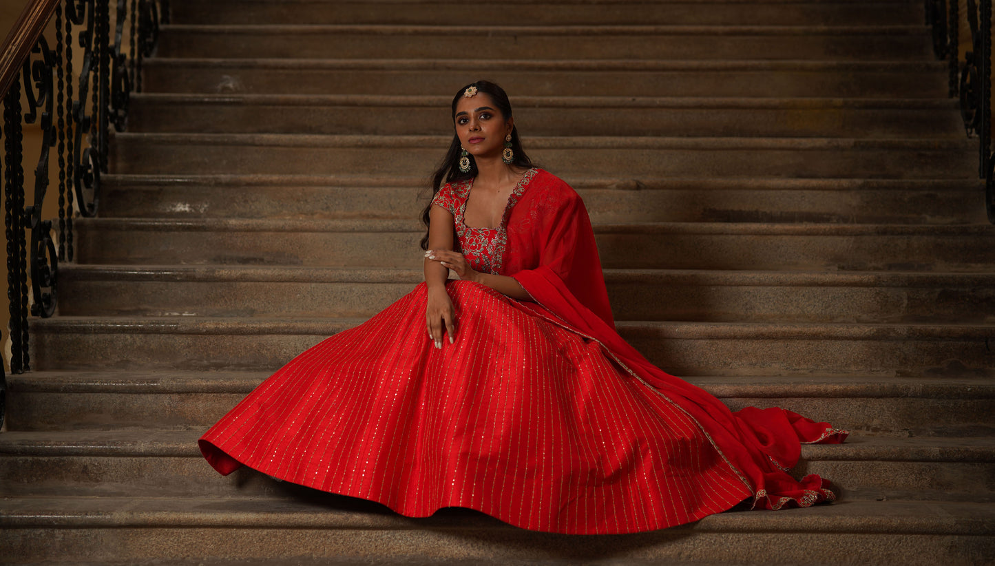 Red zari lines pitta lehenga