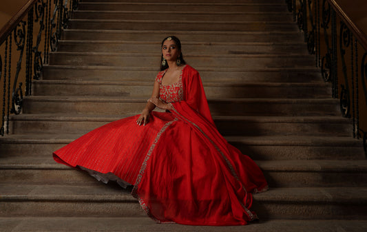 Red zari lines pitta lehenga