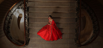 Red zari lines pitta lehenga