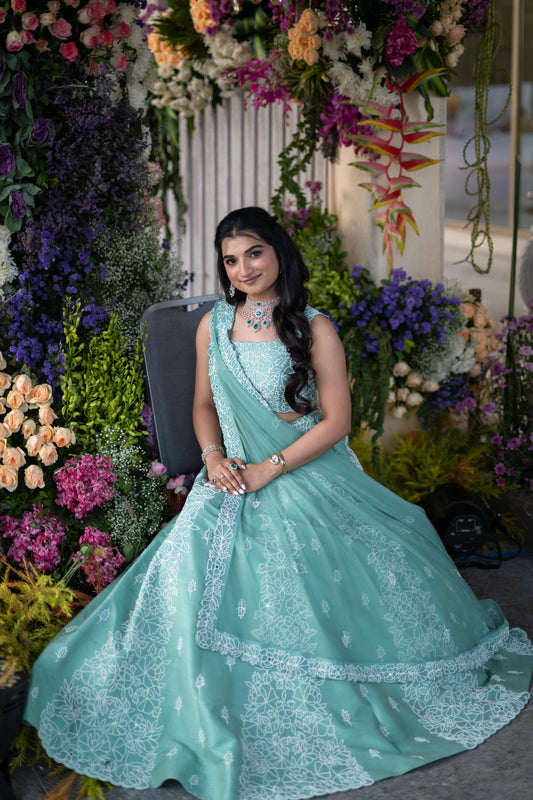Sea Green Pearl Embroidered Lehenga Set