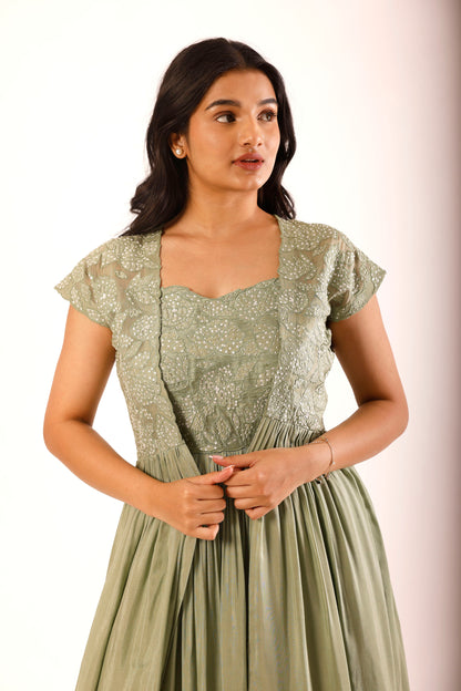 Sage Green Applique Overlay Floorlength