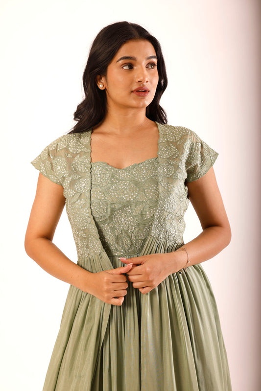 Sage Green Applique Overlay Floorlength
