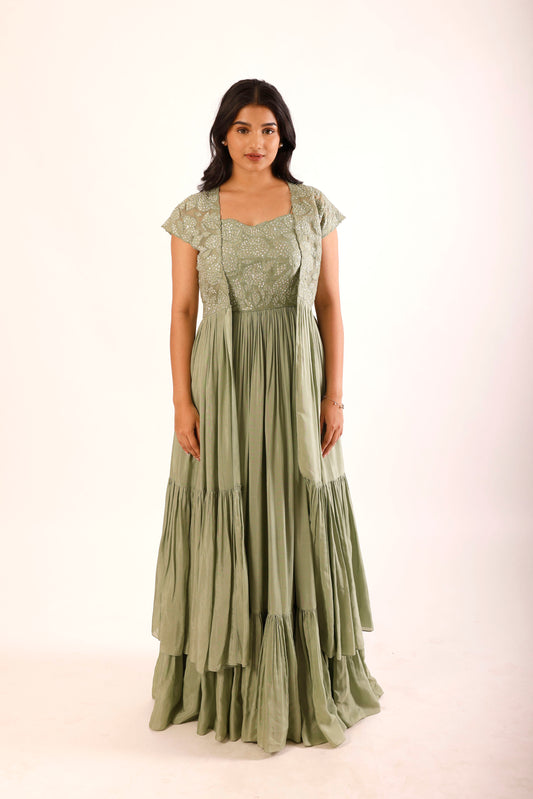 Sage Green Applique Overlay Floorlength