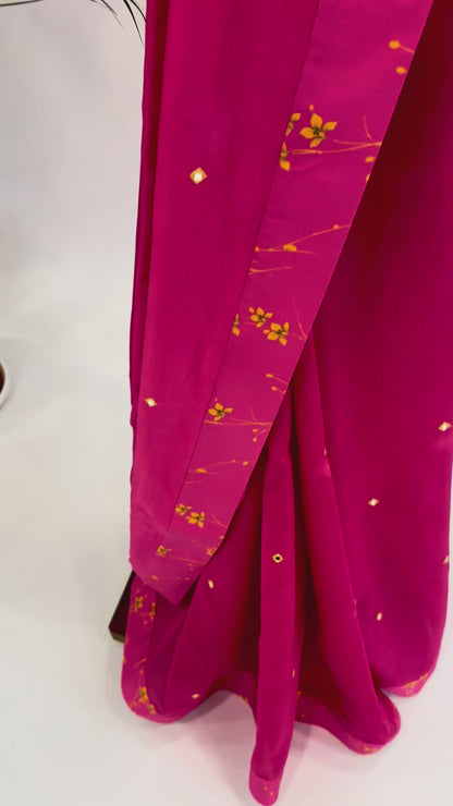 HOTPINK BLOOM SILK BORDER CHANDERI SILK MIRROR MOTIFS SAREE
