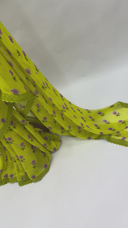 LIMEGREEN PEONIA MOTIFS GEORGETTE SAREE WITH CROCHET LACE AND SILK BLOUSE FABRIC