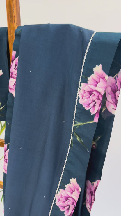 TEAL BLUE PEONIA BORDER CHANDERI SILK SAREE