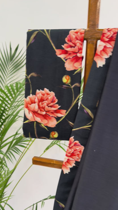 BLACK PEONIA BORDER CHANDERI SILK SAREE