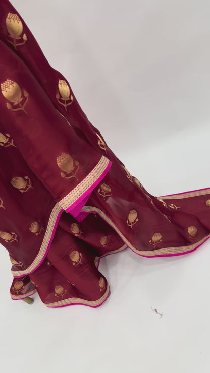 RED ZARI MOTIFS PATTU SAREE WITH HOTPINK BF