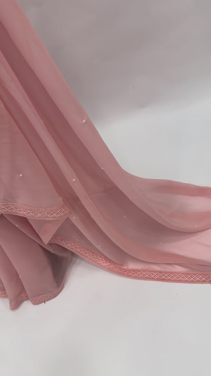 PEACH GEORGETTE SAREE WITH PEARL EMBELLISHMENT AND FLORAL BLOUSE FABRIC