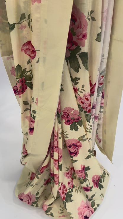 BUTTER YELLOW FLOWER BUNCH SOFTSILK SAREE WITH SILK BORDER