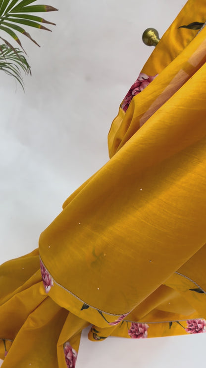 MUSTARD YELLOW PEONIA BORDER CHANDERI SILK SAREE AND FLORAL BLOUSE FABRIC