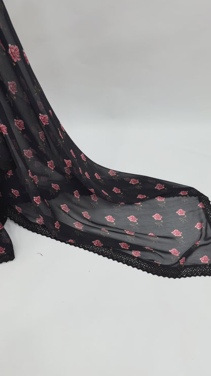 BLACK PEONIA MOTIFS GEORGETTE SAREE WITH CROCHET LACE AND SILK BLOUSE FABRIC