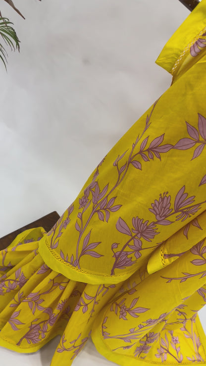 YELLOW FOLIOLE CHANDERI SAREE WITH SILK BORDER AND BLOUSE FABRIC