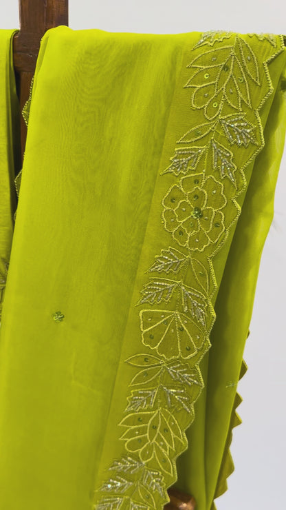 LEAFGREEN APPLQIUE BORDER ORGANZA SAREE