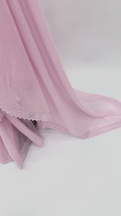 LIGHT PINK KOTA SAREE WITH PINK FLOWER BUNCH BLOUSE FABRIC