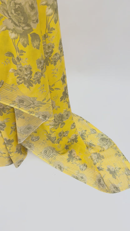 YELLOW SINGLE FLOWER BUNCH CREPE SILKS SAREE