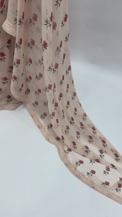 IVORY PEONIA MOTIFS GEORGETTE SAREE WITH LACE