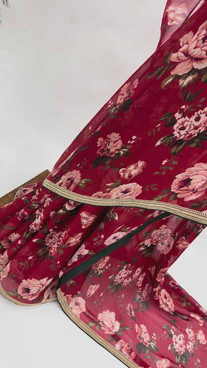 RED FLOWER BUNCH ORGANZA SAREE WITH CONTRAST BORDER