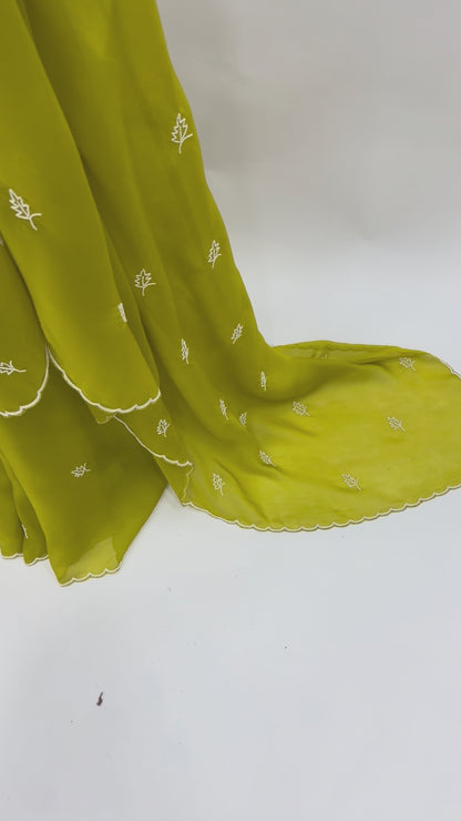 LIMEGREEN ORGANZA SAREE WITH PEARL LEAF MOTIFS