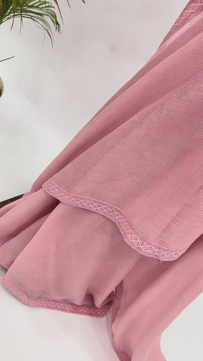 POWDER PINK KOTA SAREE WITH FLORAL BLOUSE FABRIC