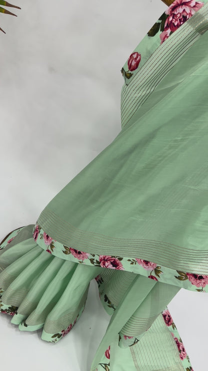 SEAGREEN FLOWER BUNCH SILK BORDER CREPE SILK SAREE