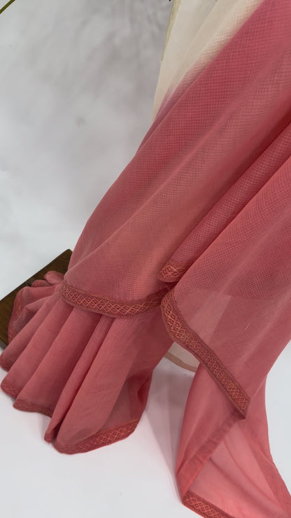PEACH OMBRE KOTA SAREE WITH STRIPES BLOUSE FABRIC