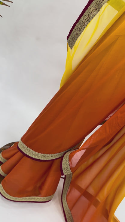 YELLOW ORANGE ORGANZA OMBRE SAREE