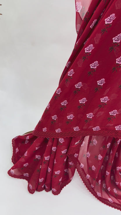 RED PEONIA MOTIFS GEORGETTE SAREE