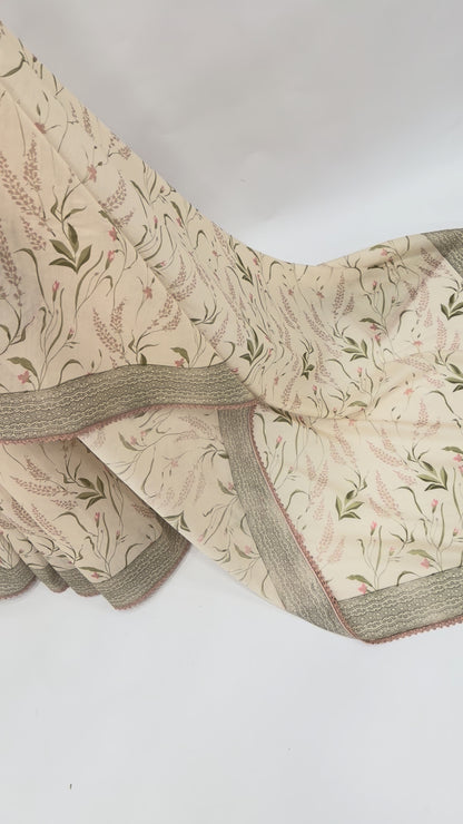 IVORY BOTANICAL CHANDERI SAREE AND SILK BLOUSE FABRIC