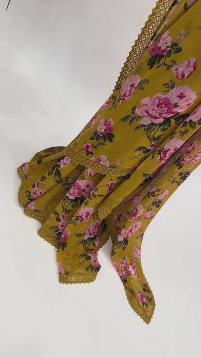GREENISH YELLOW FLOWER BUNCH GEORGETTE SAREE WITH CROCHET LACE