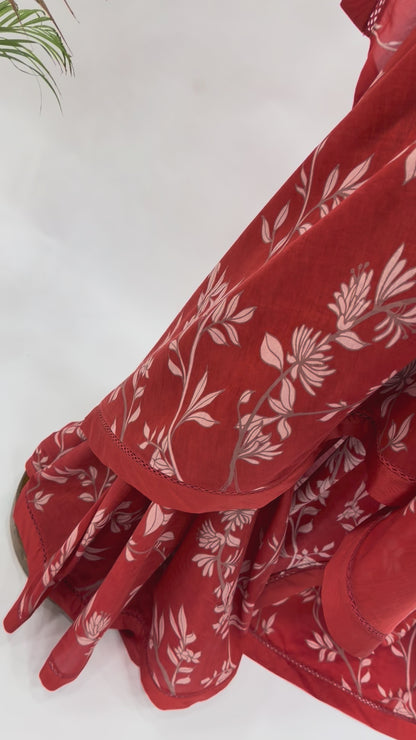 RED FOLIOLE CHANDERI SAREE WITH SILK BORDER AND BLOUSE FABRIC