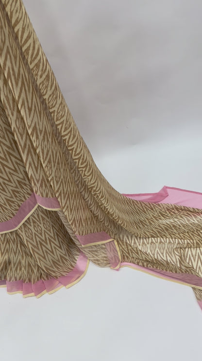 BROWN STRIPES GEORGETTE SAREE WITH YELLOW FLORAL BLOUSE FABRIC