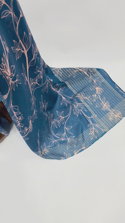 PEACOCK BLUE OT FOLIOLE CREPE SILK SAREE WITH PEACH BLOUSE FABRIC