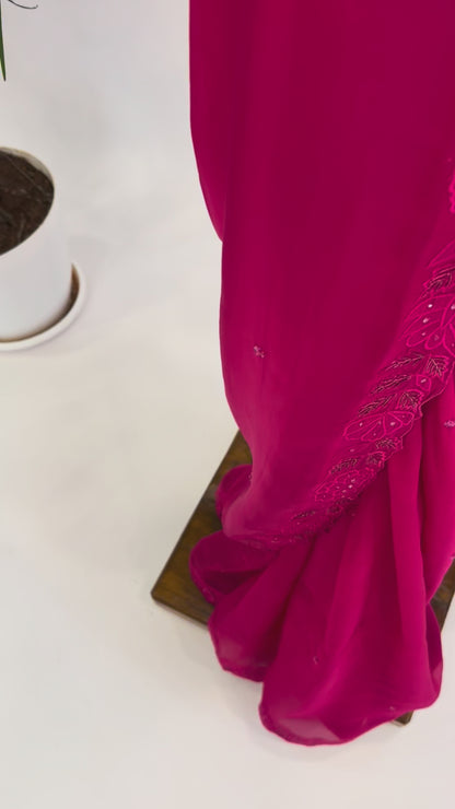 PINK APPLIQUE AND ZARDOSI EMBELLISHED FALLING ORGANZA SAREE WITH UNSTITCHED BLOUSE FABRIC