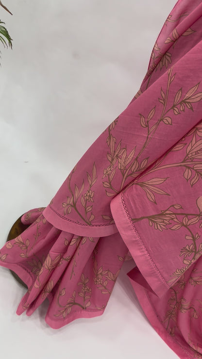 PINK FOLIOLE CHANDERI SAREE WITH SILK BORDER AND BLOUSE FABRIC